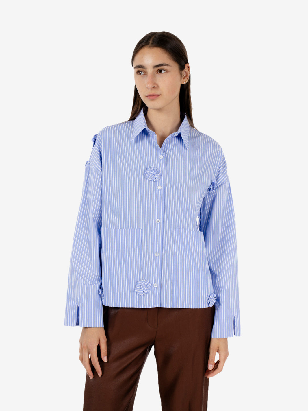 Camicia a righe con fiori applicati azzurra