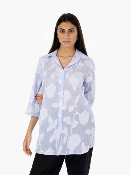 Camicia a righe con stampe azzurro / bianco