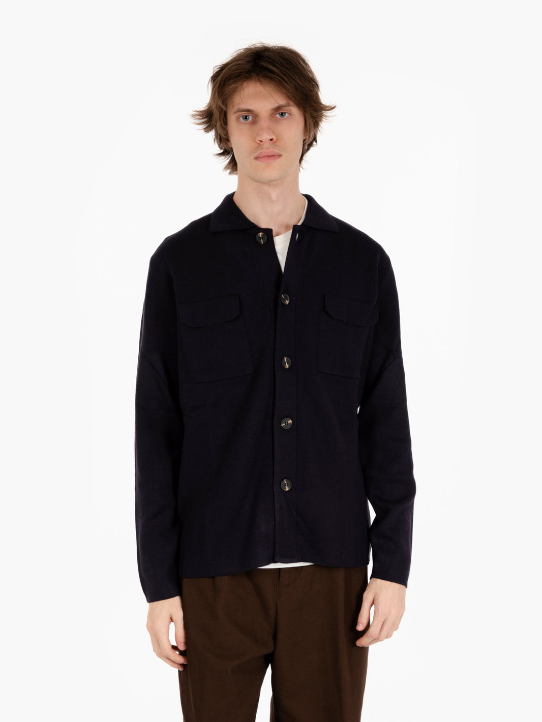 Navy Wool Blend Cardigan Shirt