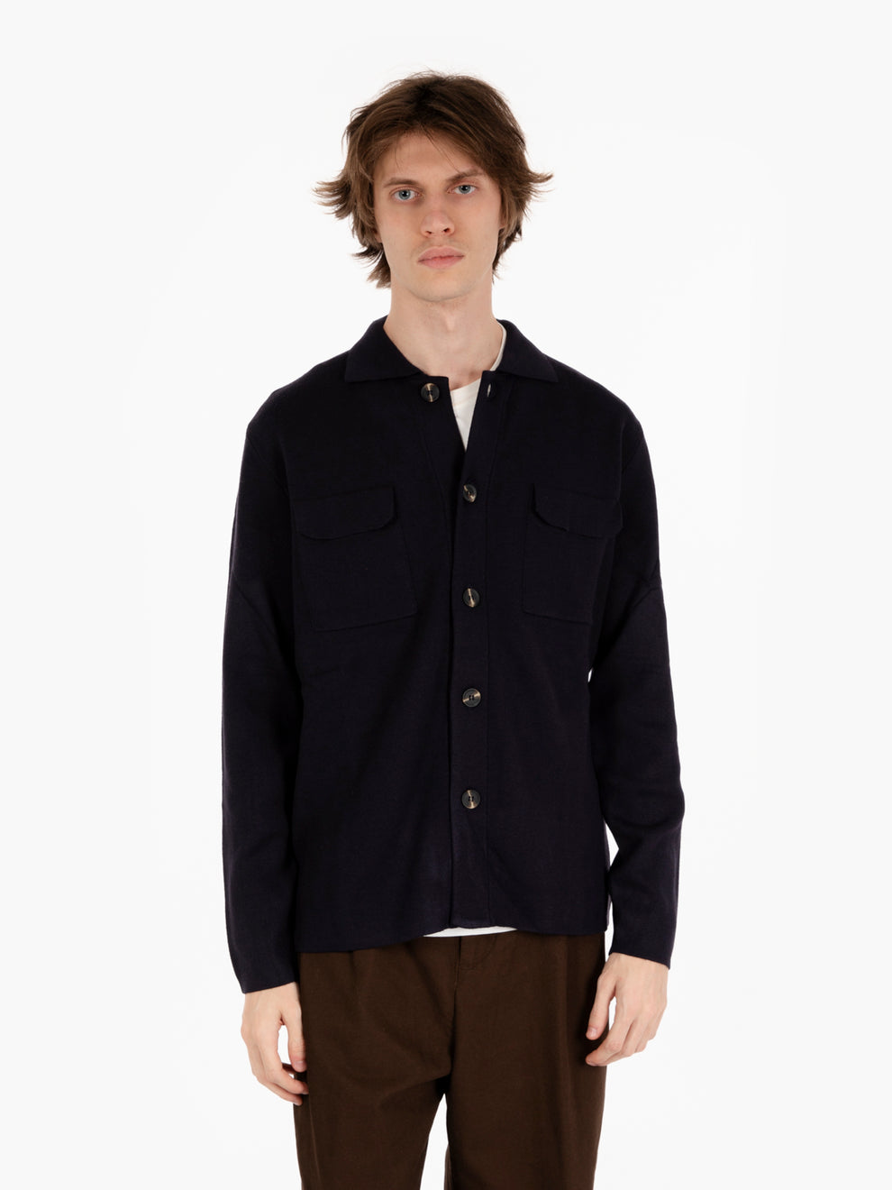 Navy Wool Blend Cardigan Shirt