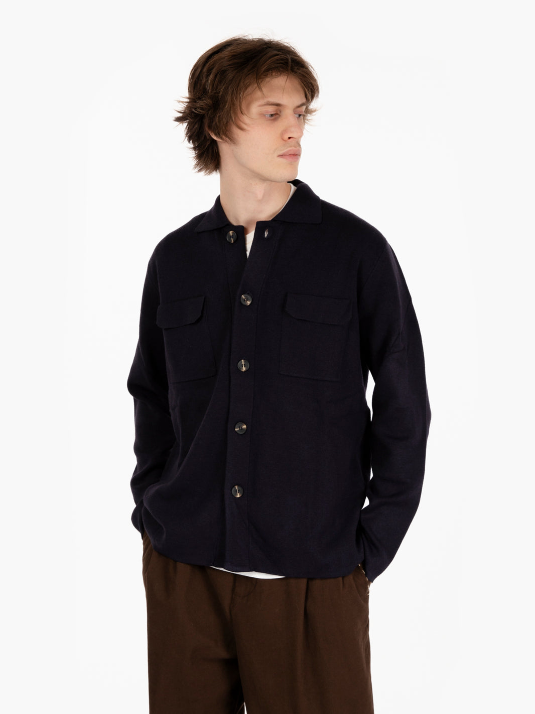 Navy Wool Blend Cardigan Shirt