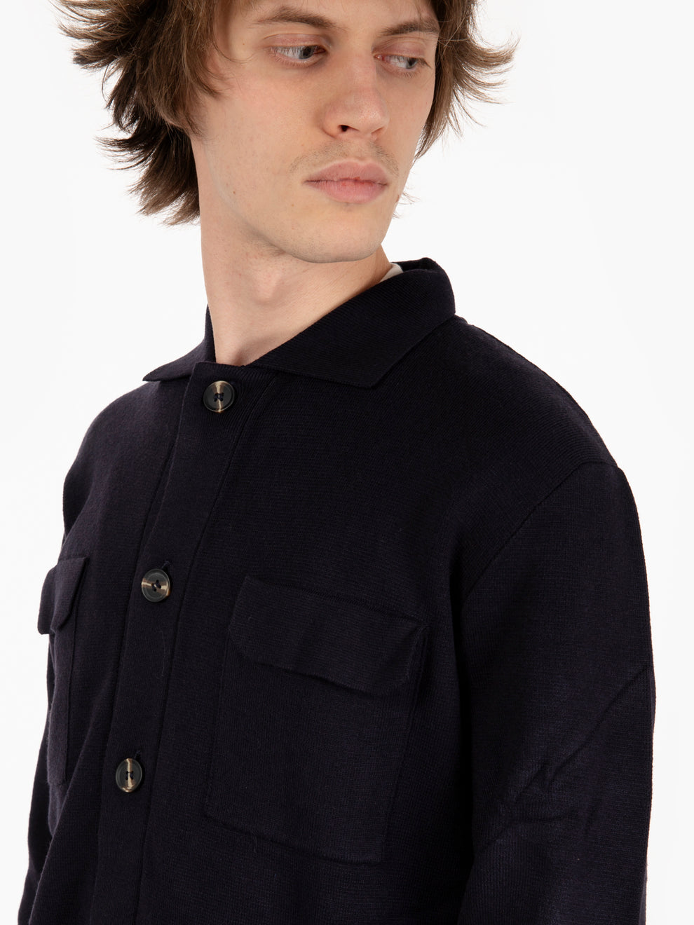 Navy Wool Blend Cardigan Shirt