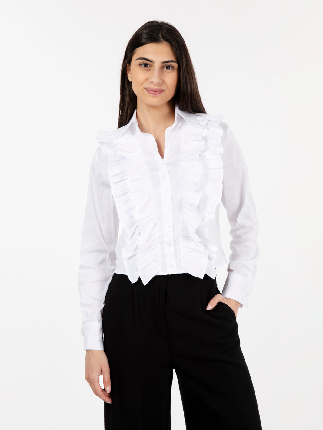 White ruffle shirt