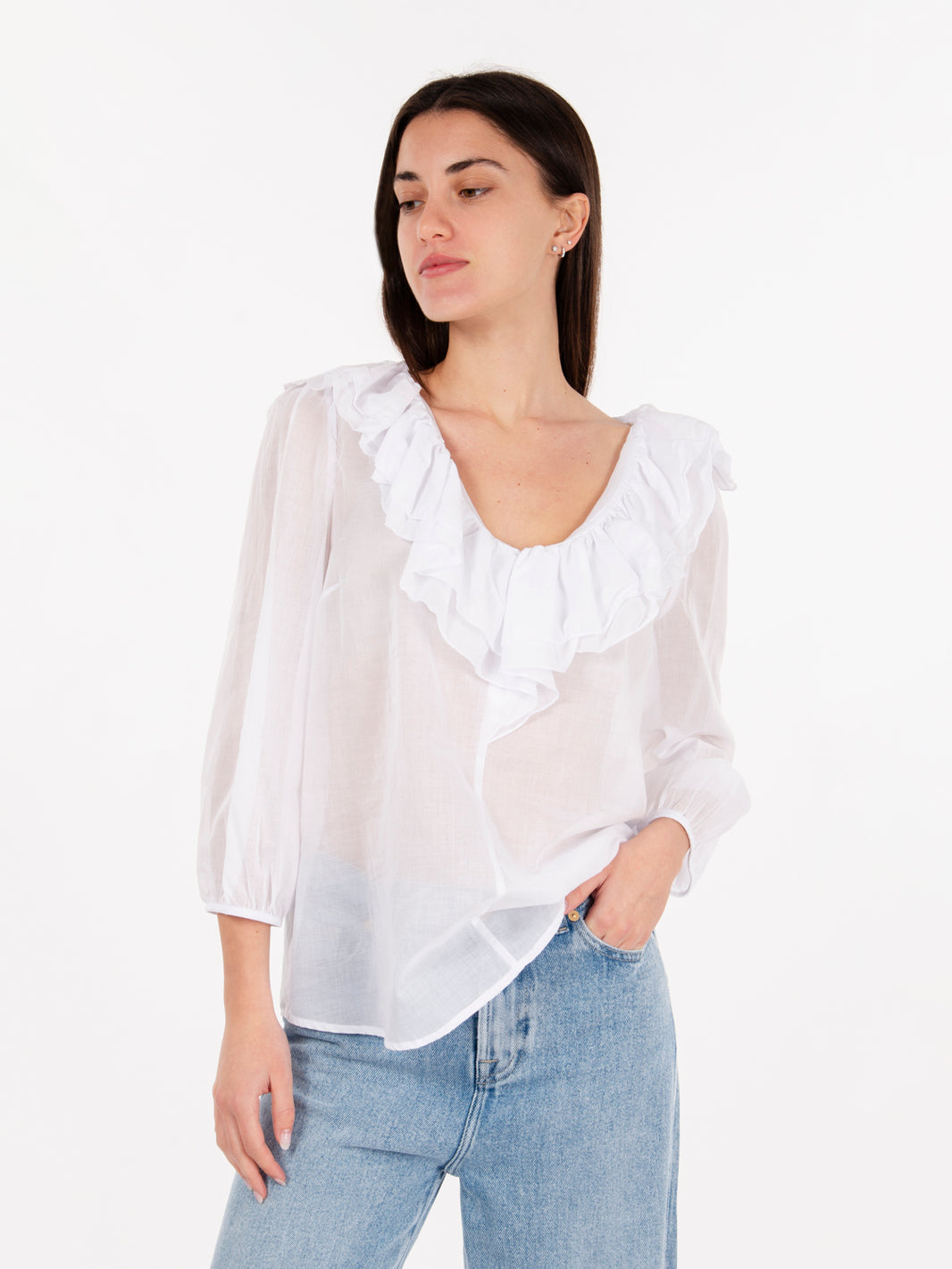 Camicia con volant in mussola bianca