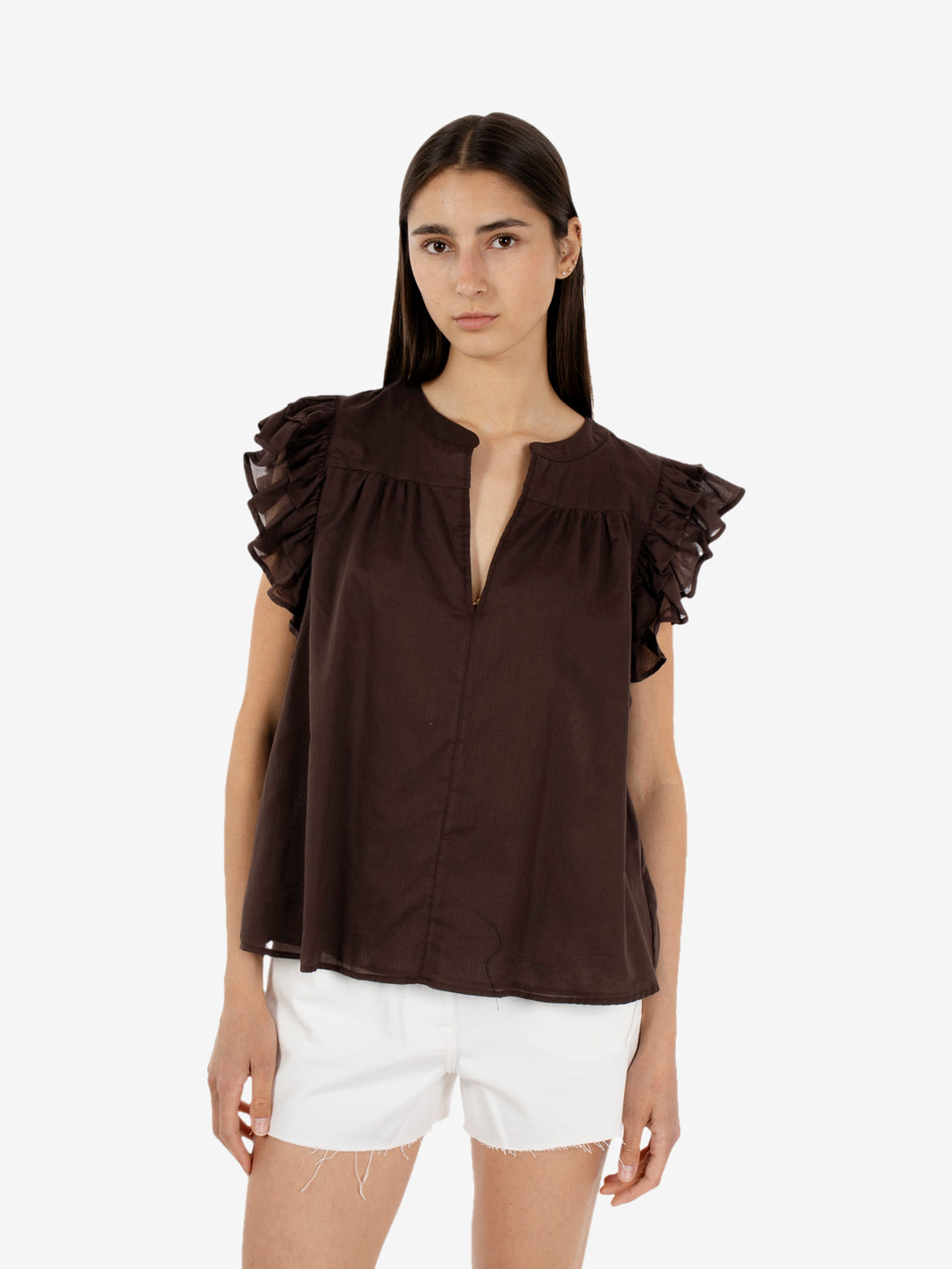 Dark brown ruffled shirt