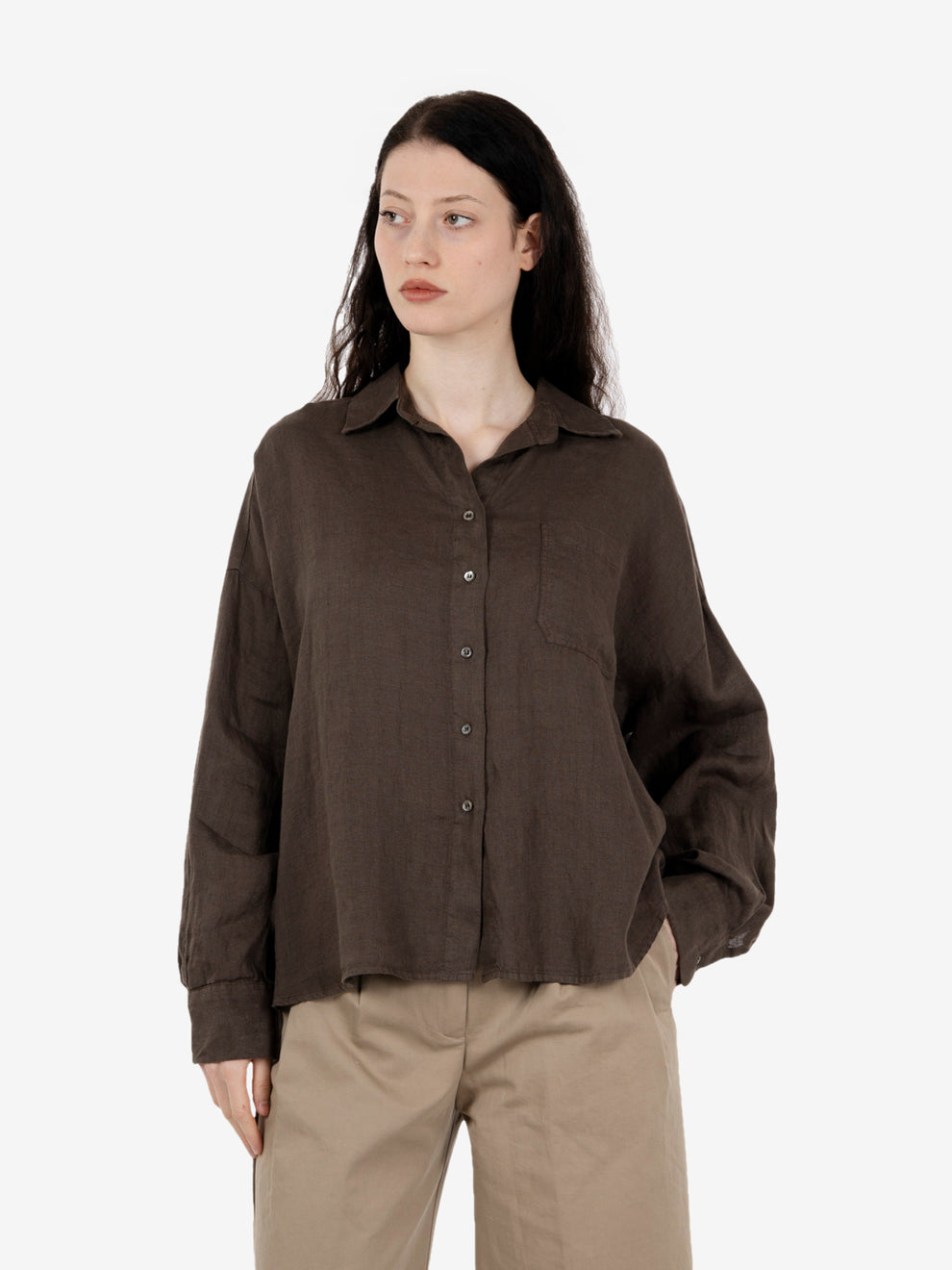 Camicia crop in lino moro