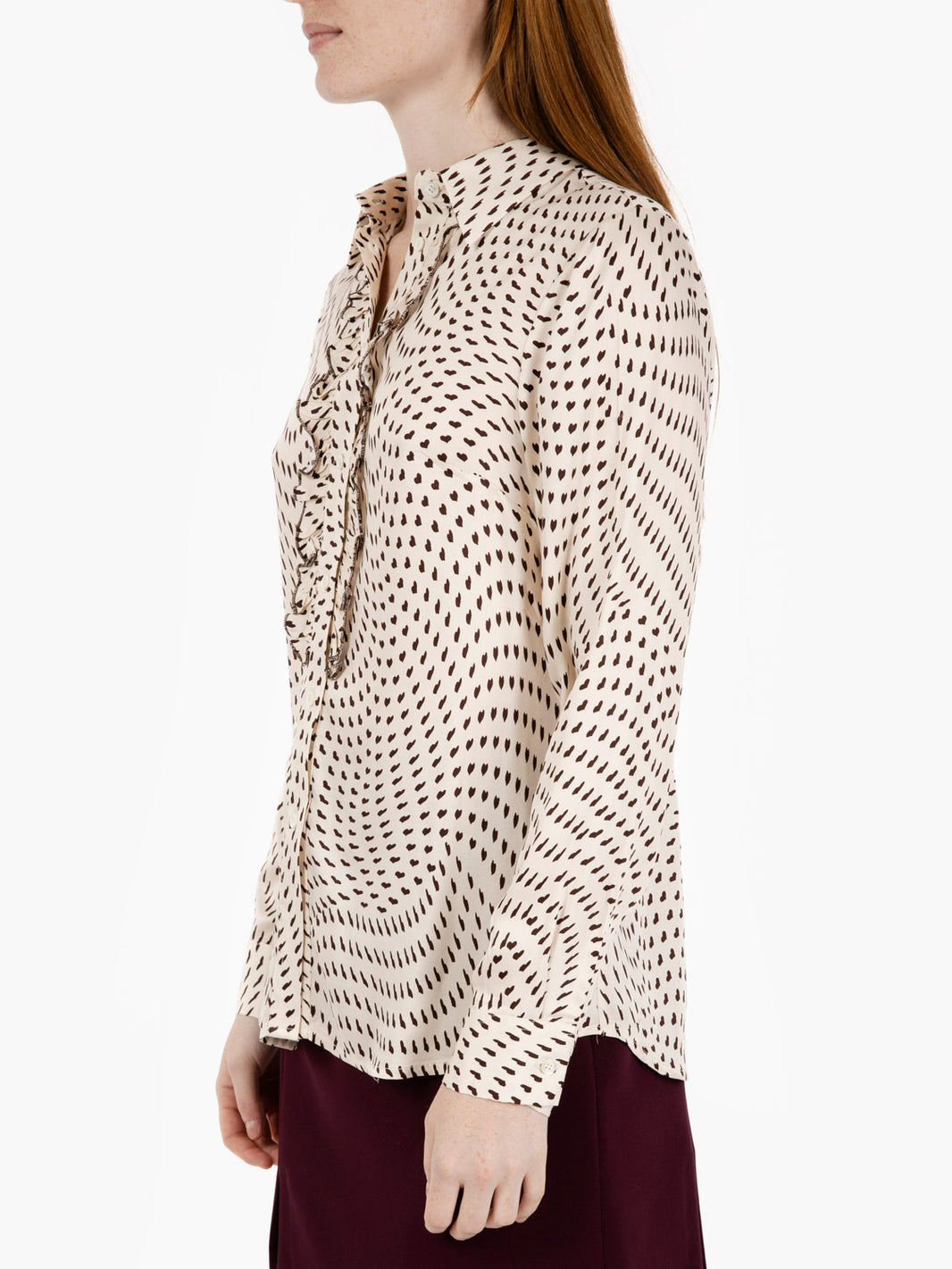 Cream/dark brown heart-print shirt with ruffles