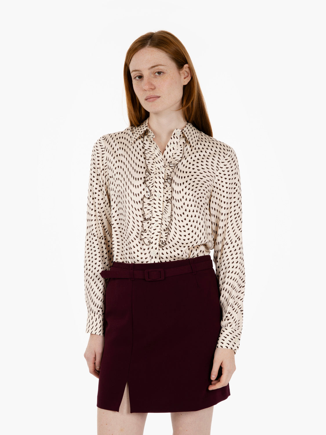 Cream/dark brown heart-print shirt with ruffles