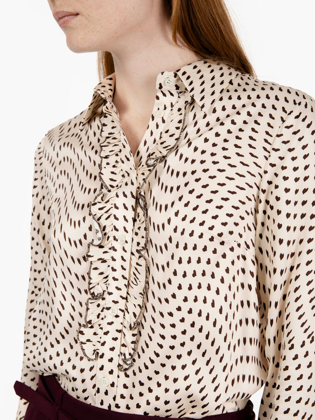 Cream/dark brown heart-print shirt with ruffles