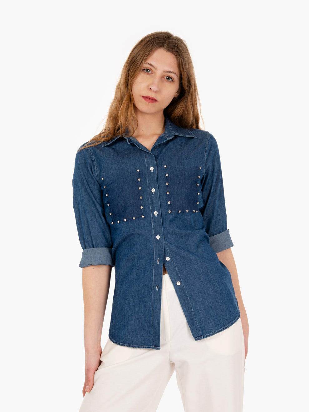 Ilda Shirt with Shiny Stones in Denim Blue