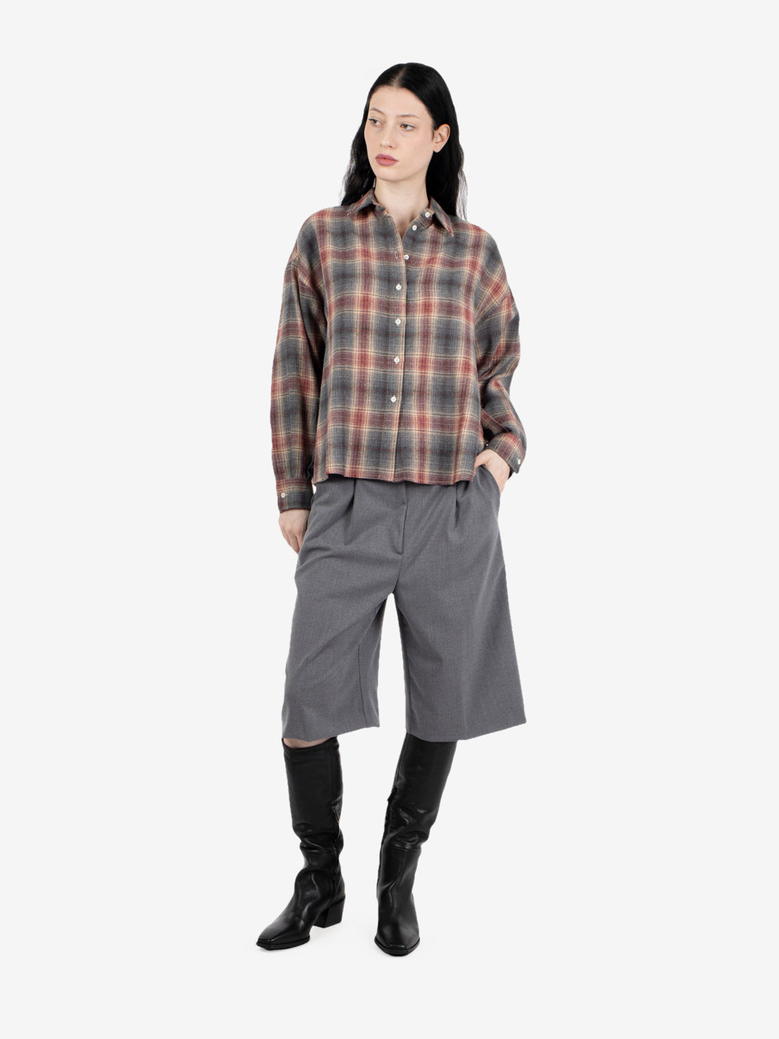 Camicia in flanella check bordeaux / grigio