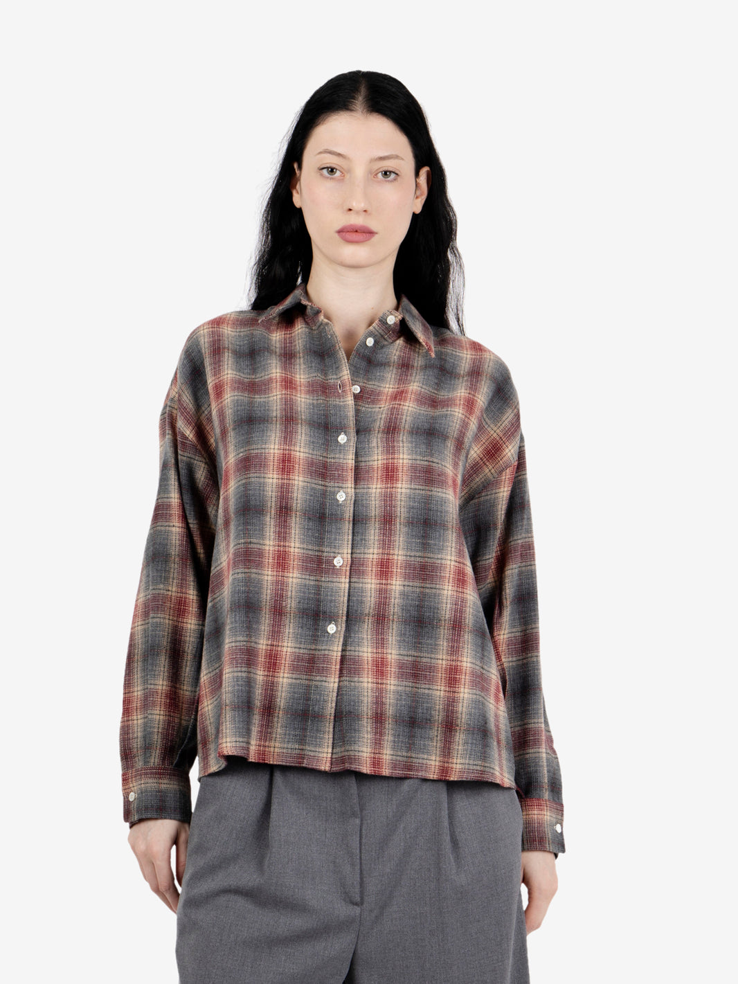 Burgundy / grey check flannel shirt