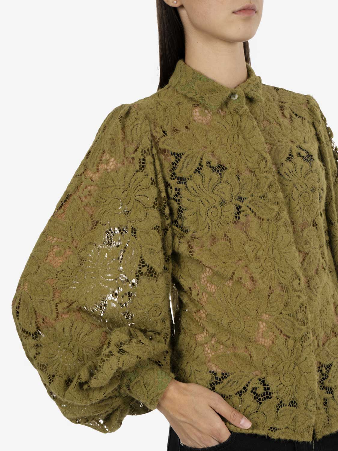 Olive balloon lace shirt