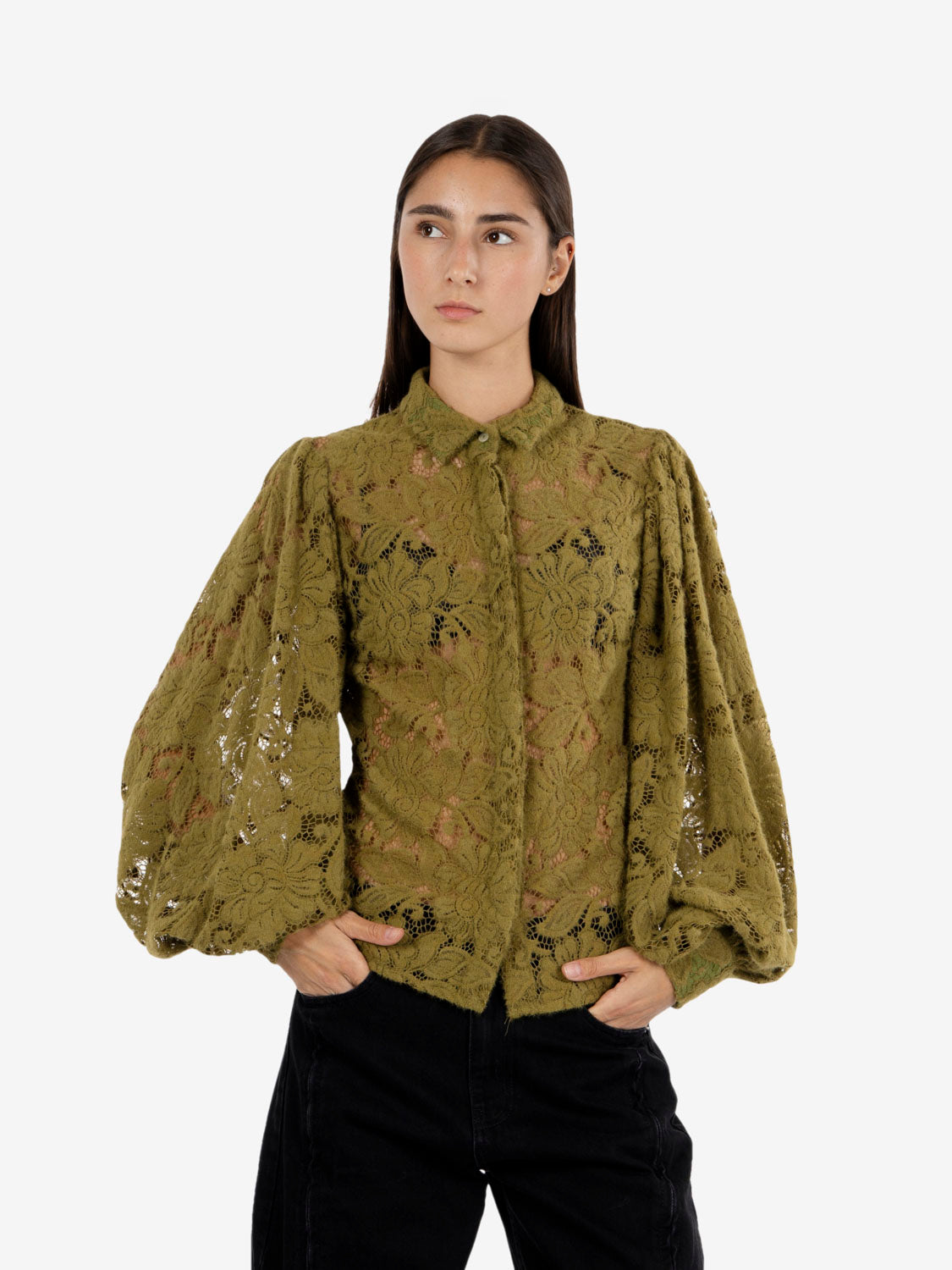 Olive balloon lace shirt