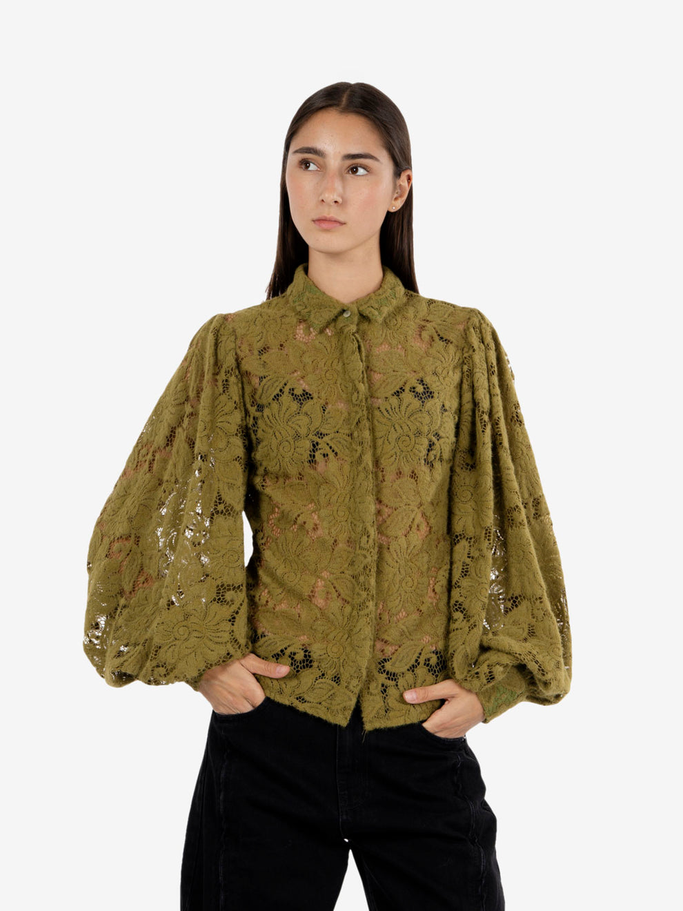 Olive balloon lace shirt