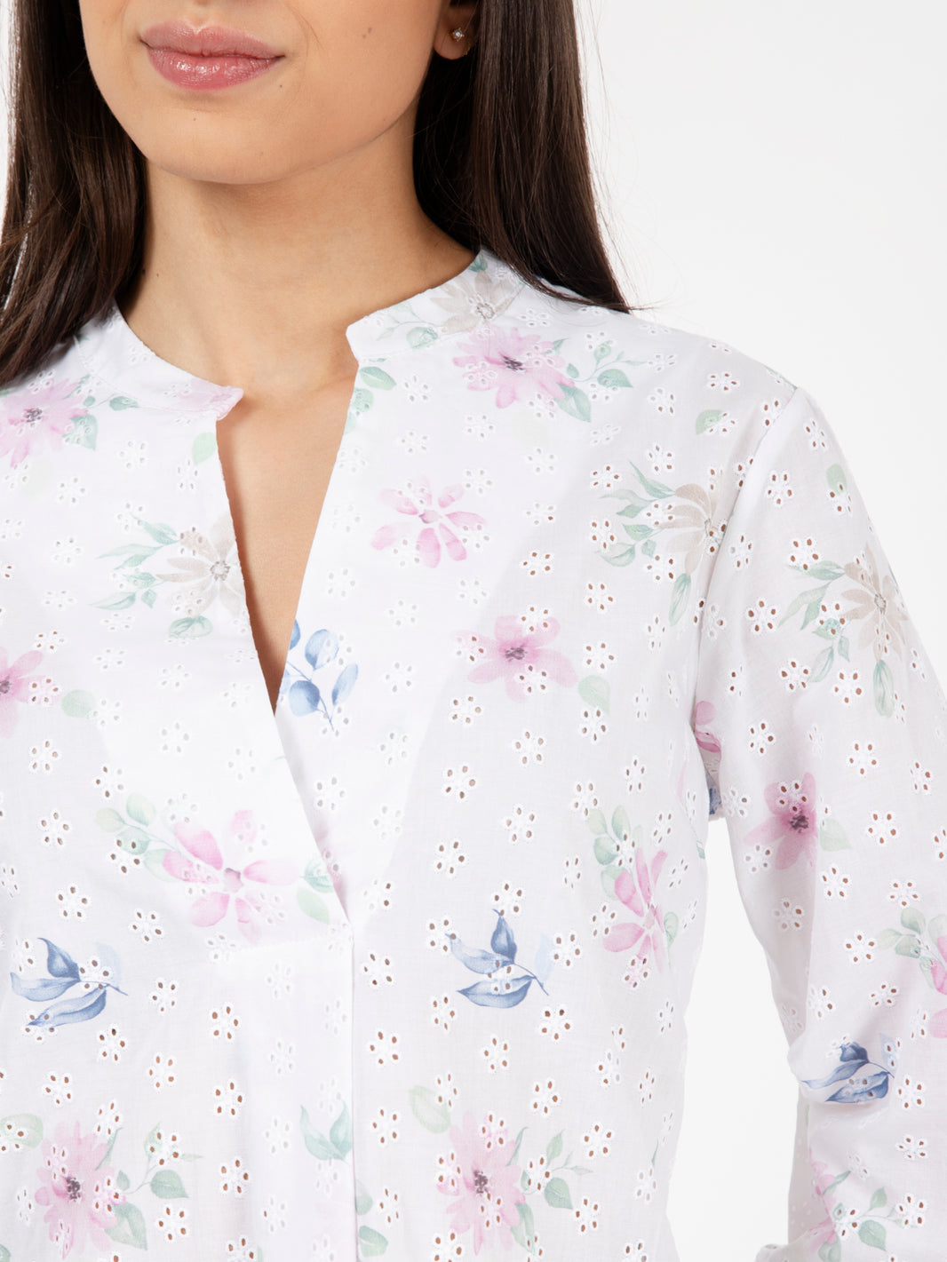 White/pink/green floral patterned sangallo shirt