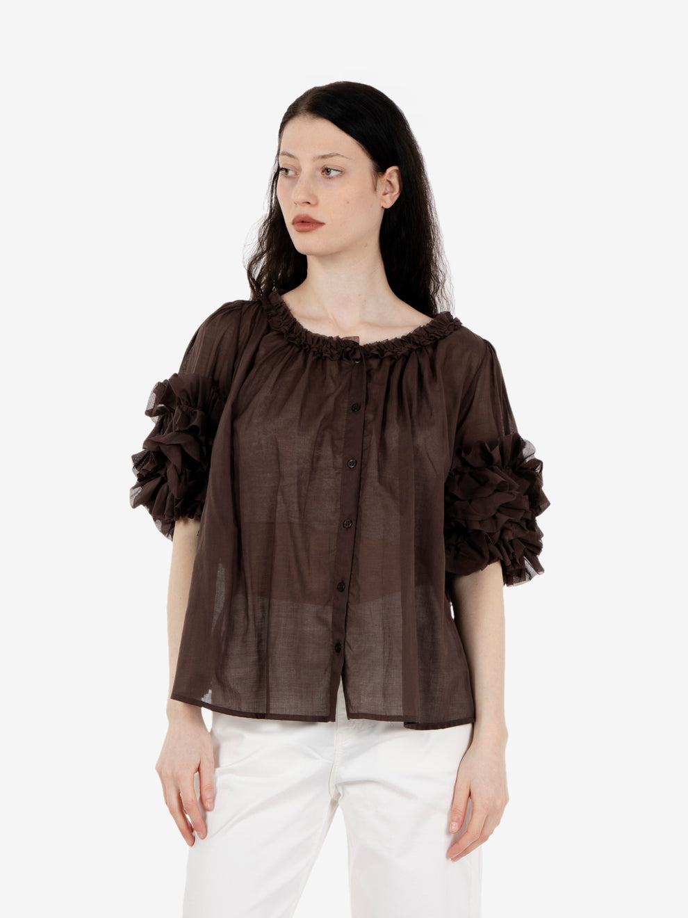 Brown ruffled sleeve shirt