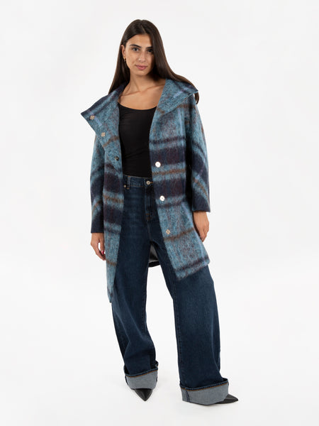 Cappotto a ovetto fantasia check azzurro