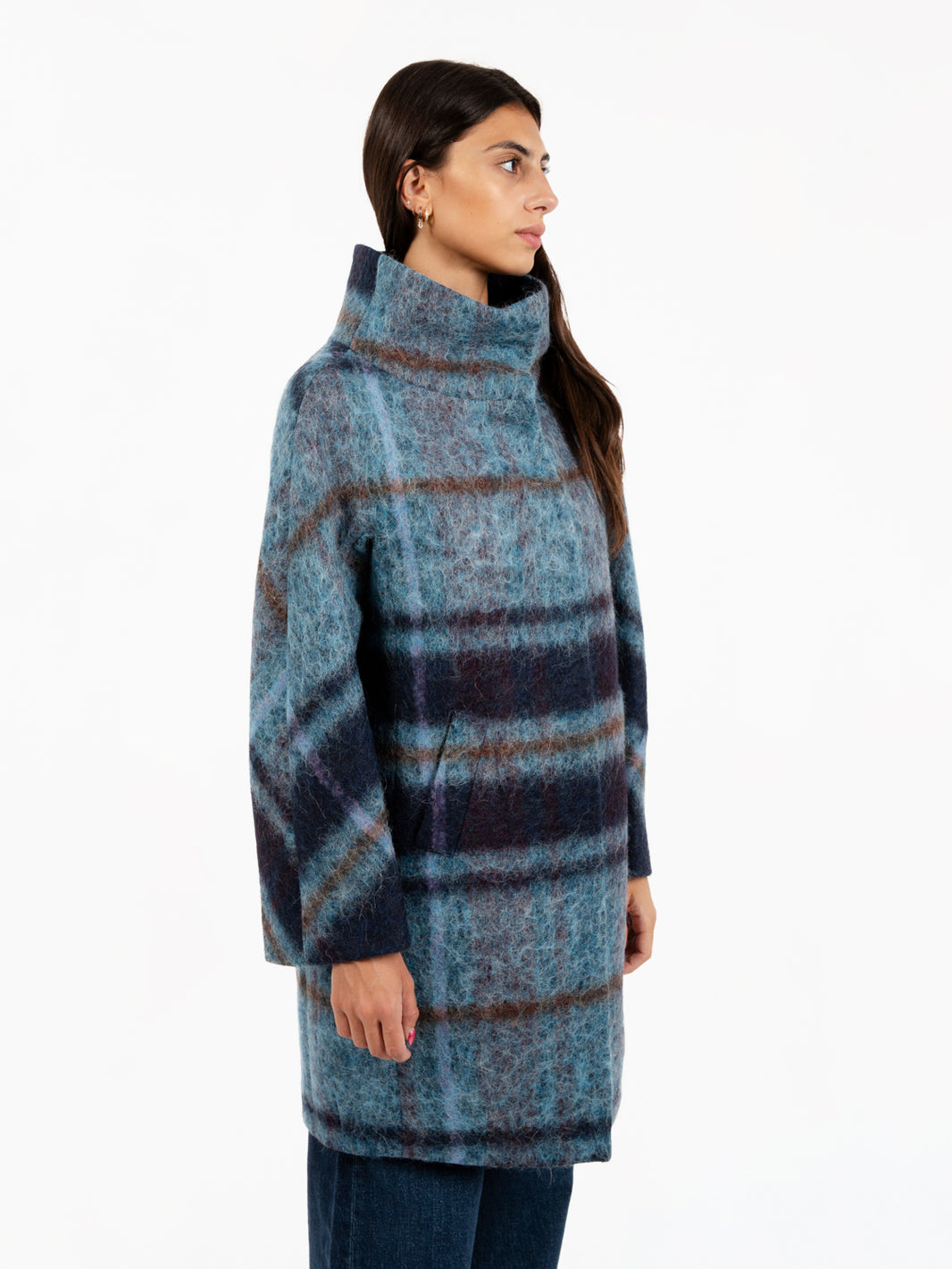 Cappotto a ovetto fantasia check azzurro