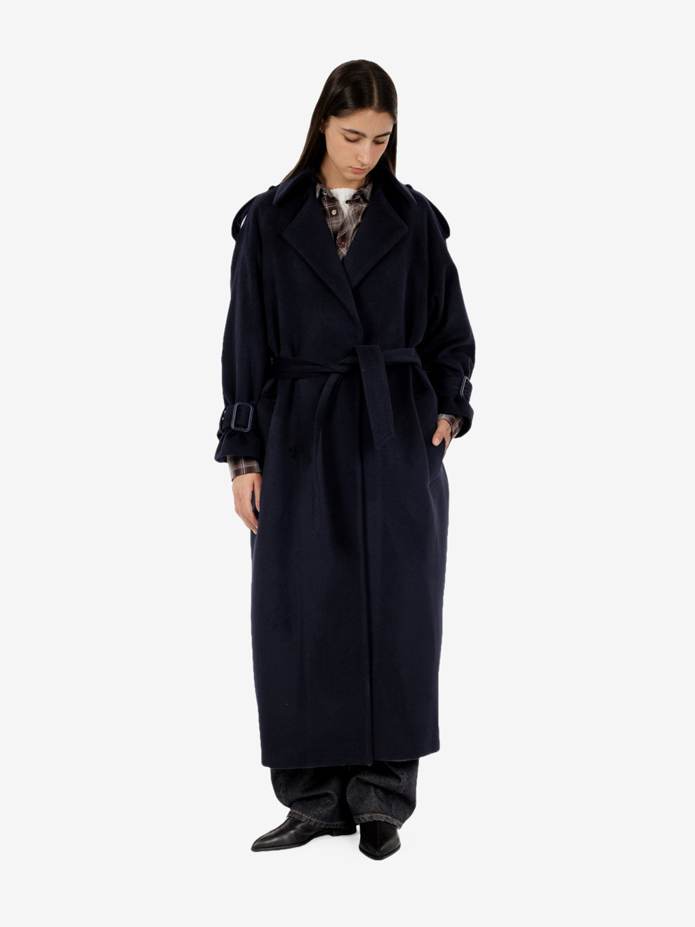 Cappotto lungo con cintura Elisa blu