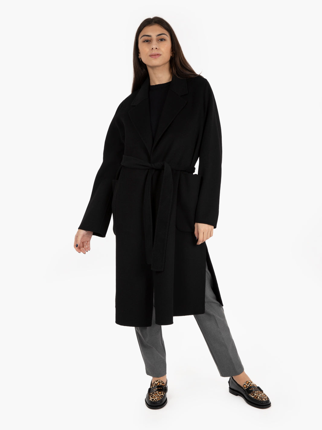 Cappotto lungo con cintura nero