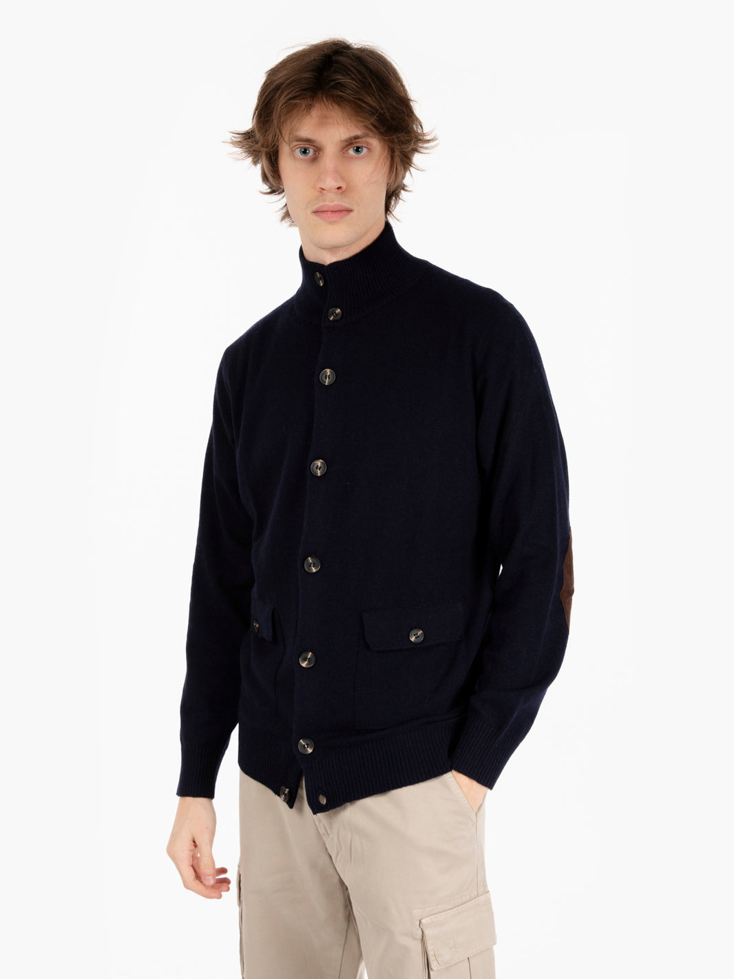 Navy Wool Blend Turtleneck Cardigan