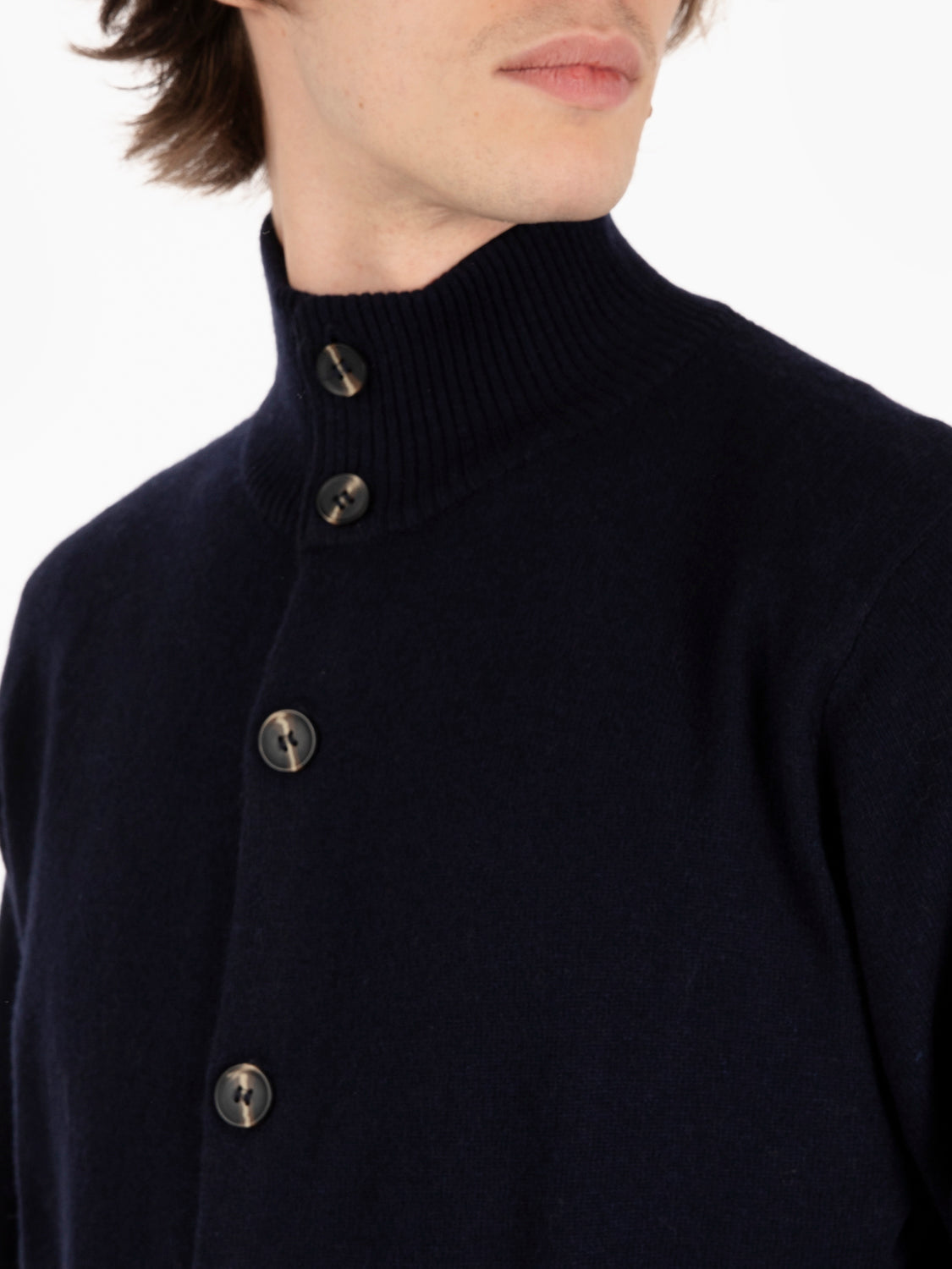 Navy Wool Blend Turtleneck Cardigan