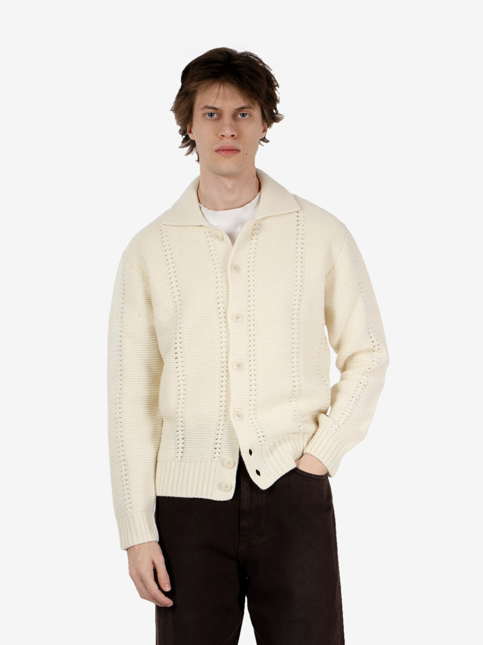 Cream patterned shirt-collar cardigan