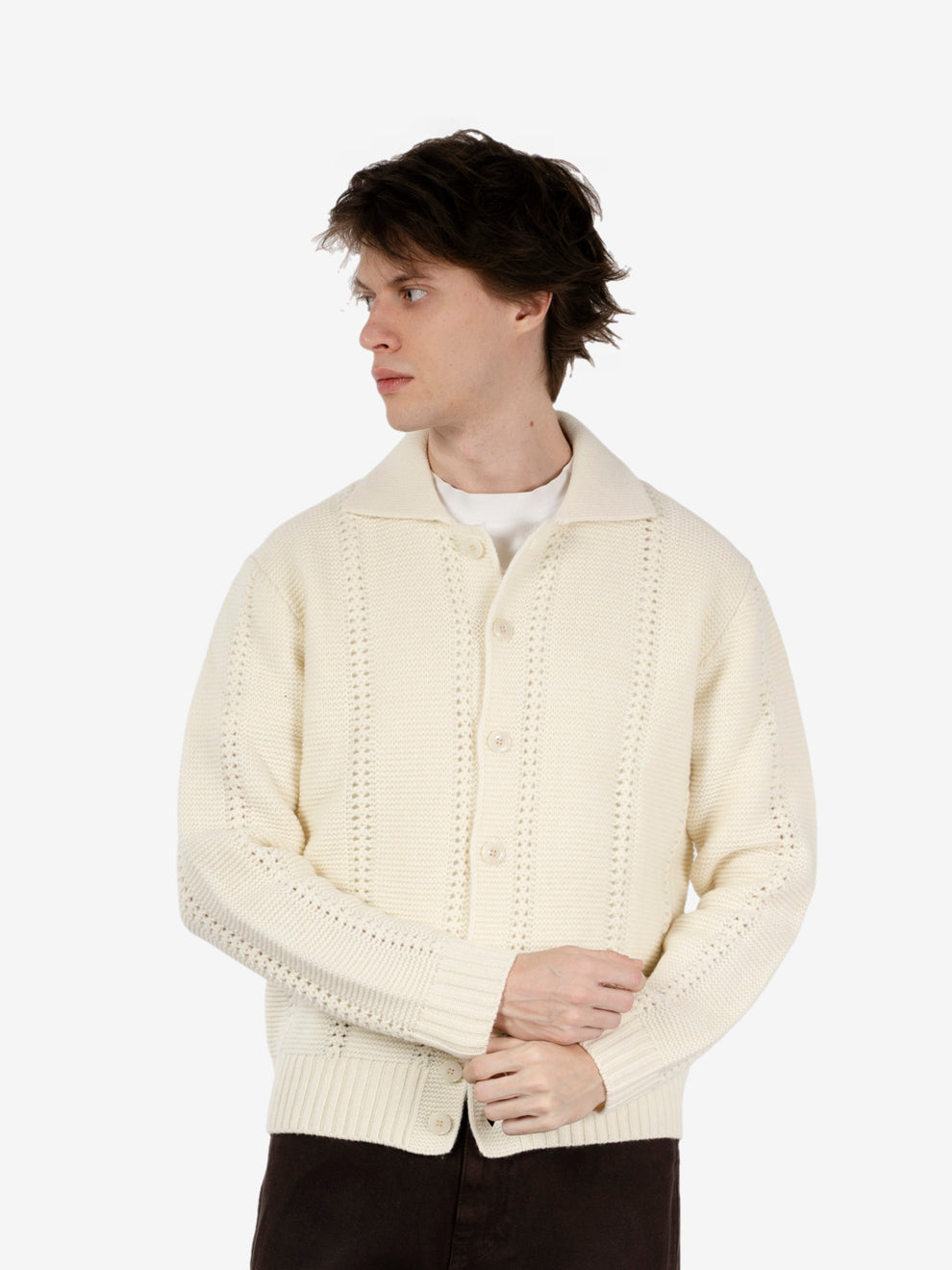 Cream patterned shirt-collar cardigan