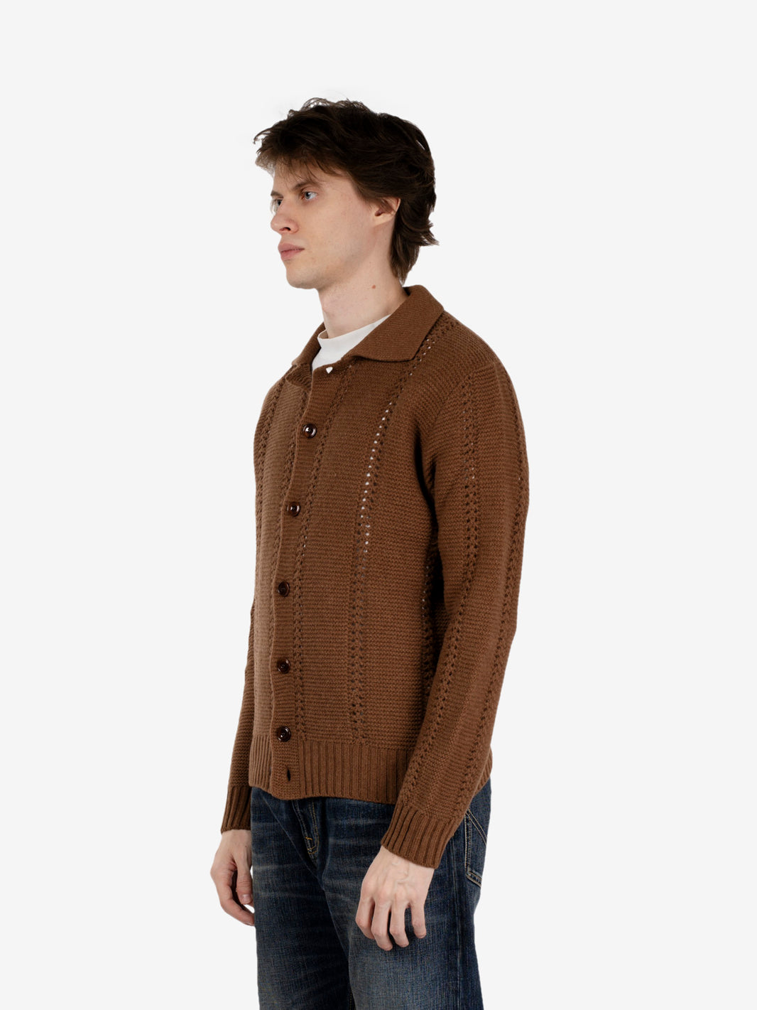 Peat-colored openwork shirt-collar cardigan