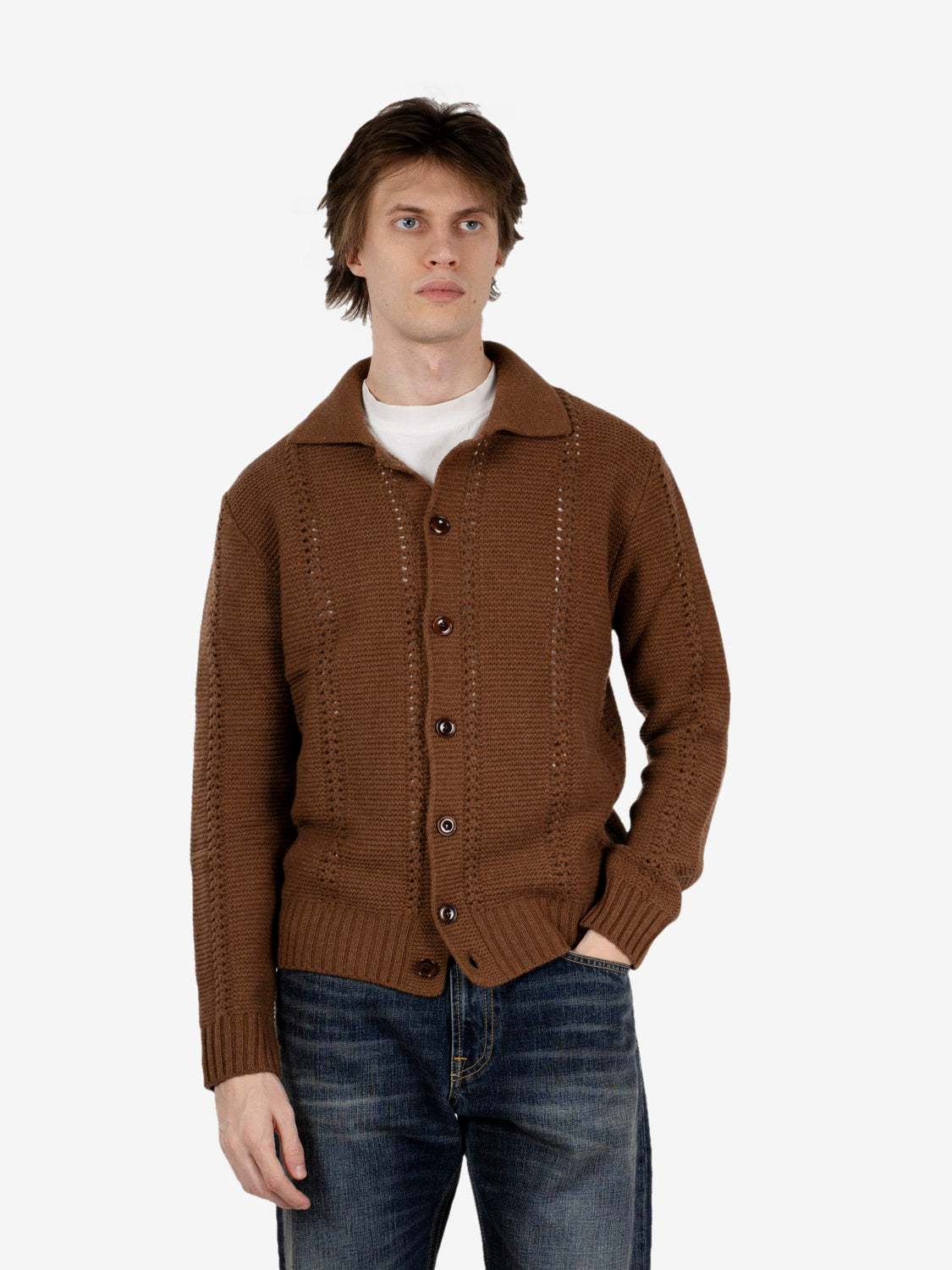Peat-colored openwork shirt-collar cardigan