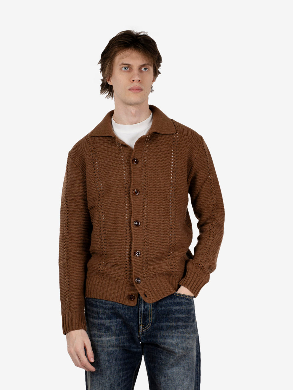 Peat-colored openwork shirt-collar cardigan