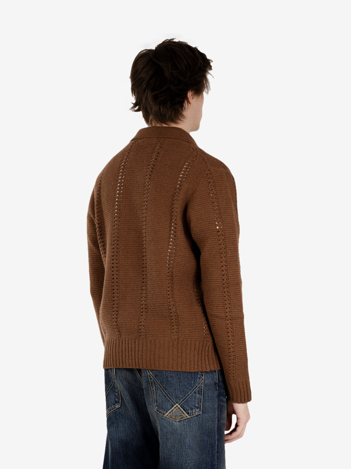 Peat-colored openwork shirt-collar cardigan