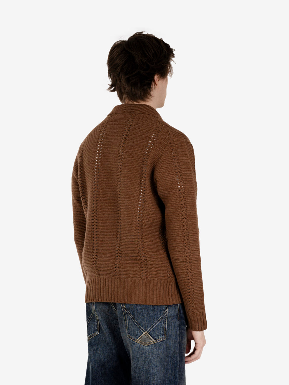 Peat-colored openwork shirt-collar cardigan