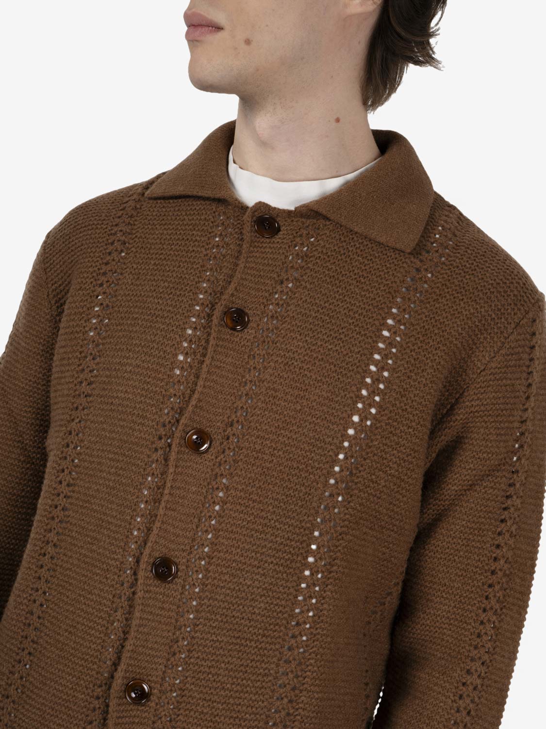 Peat-colored openwork shirt-collar cardigan