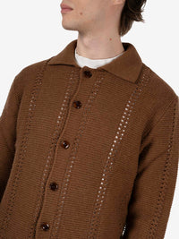 Peat-colored openwork shirt-collar cardigan