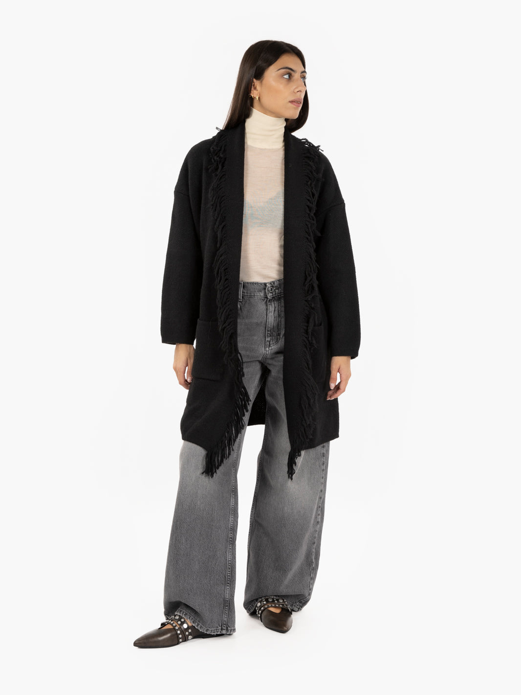 CARDIGAN WITH FRINGE BLACK CAMP 345101_999