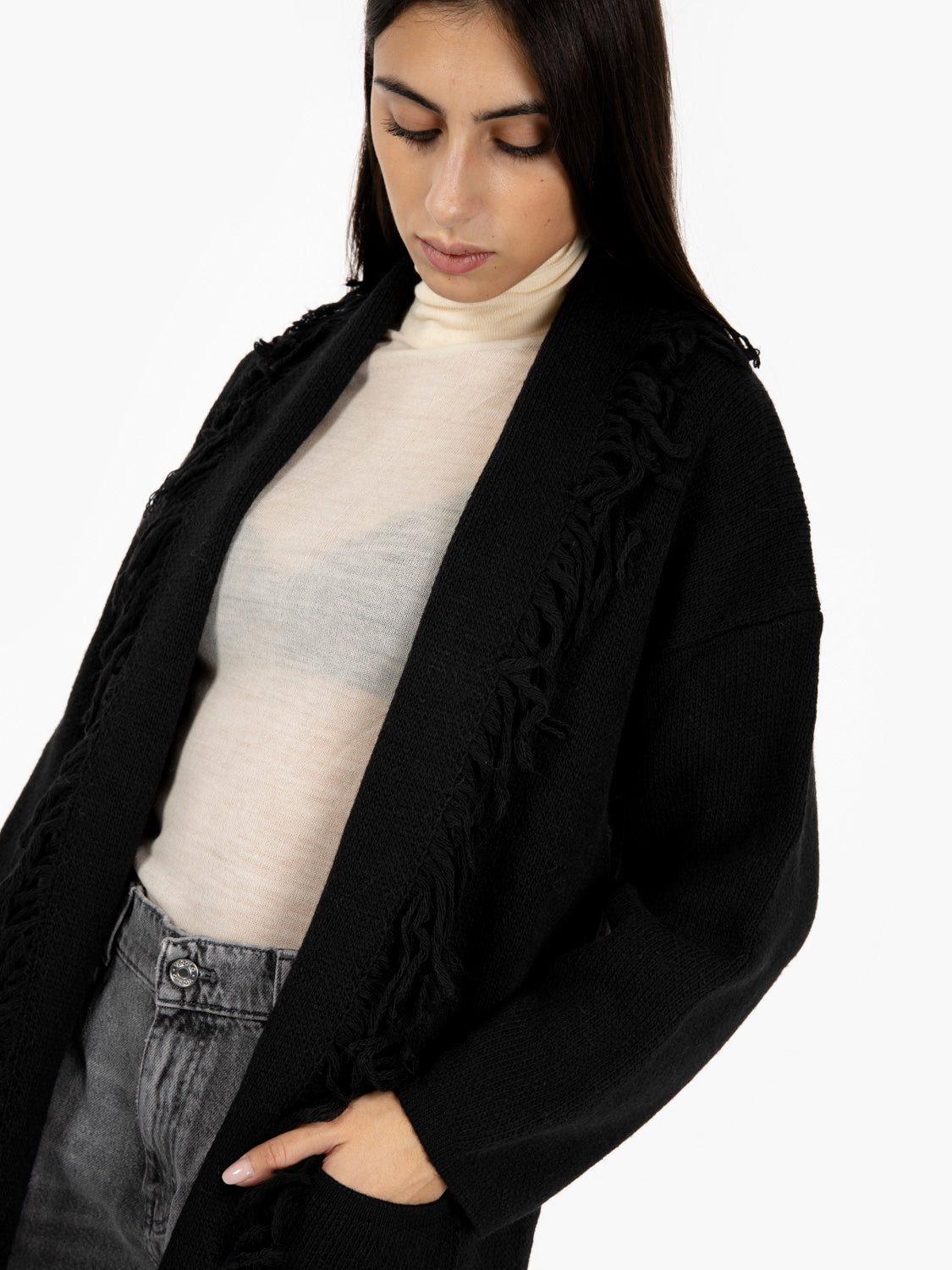 CARDIGAN WITH FRINGE BLACK CAMP 345101_999