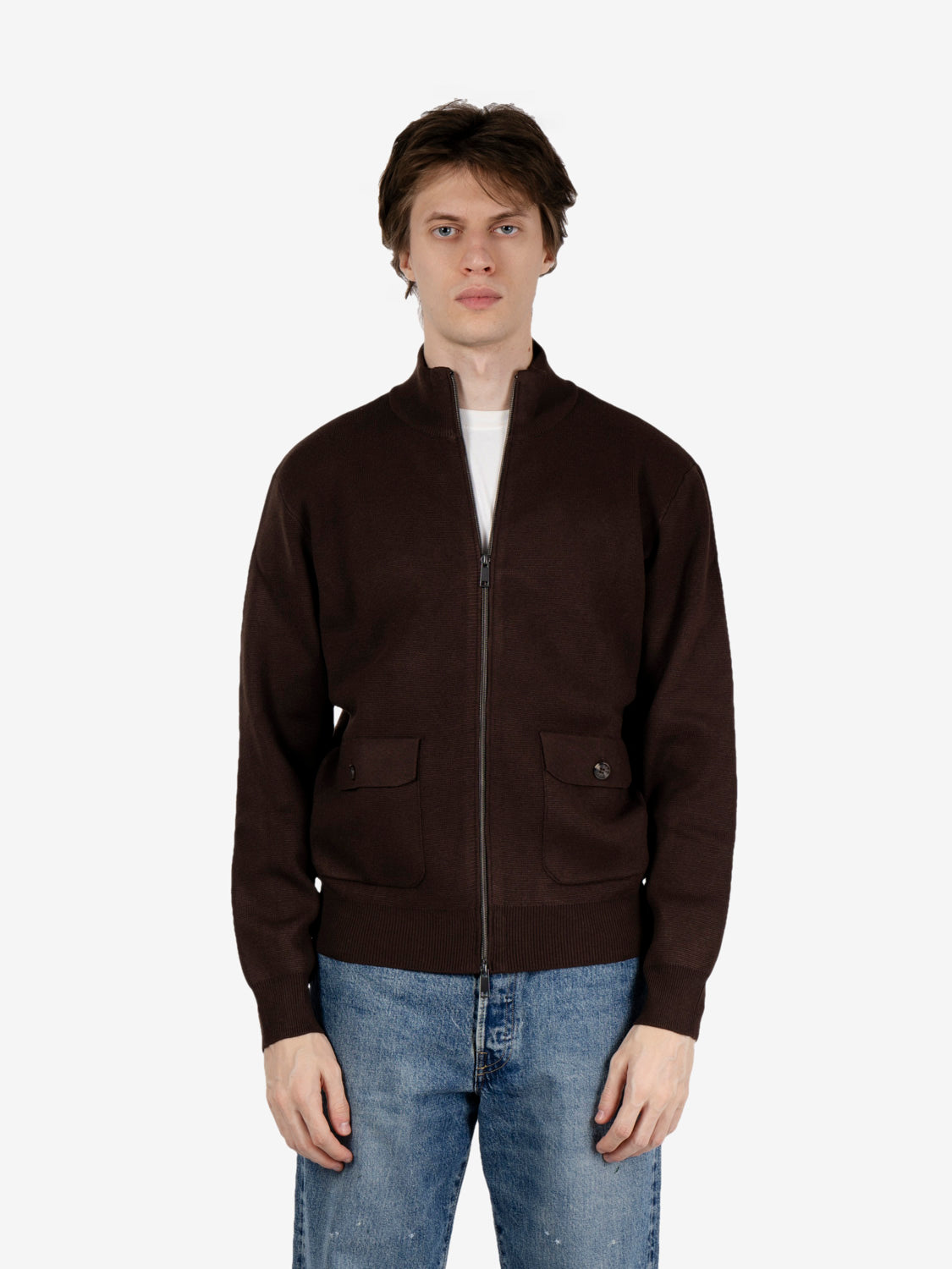 Cardigan con zip in lana fondente