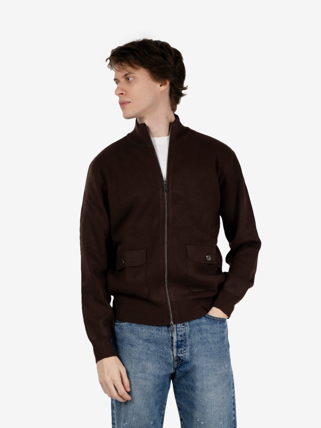 Zip-up wool cardigan in dark chocolate