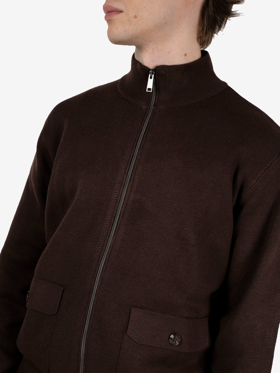 Cardigan con zip in lana fondente