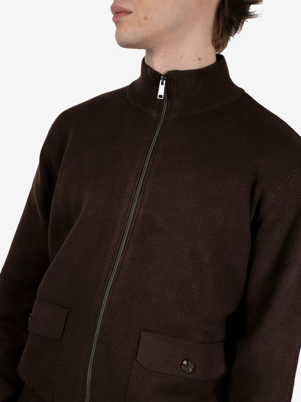 Cardigan con zip in lana fondente