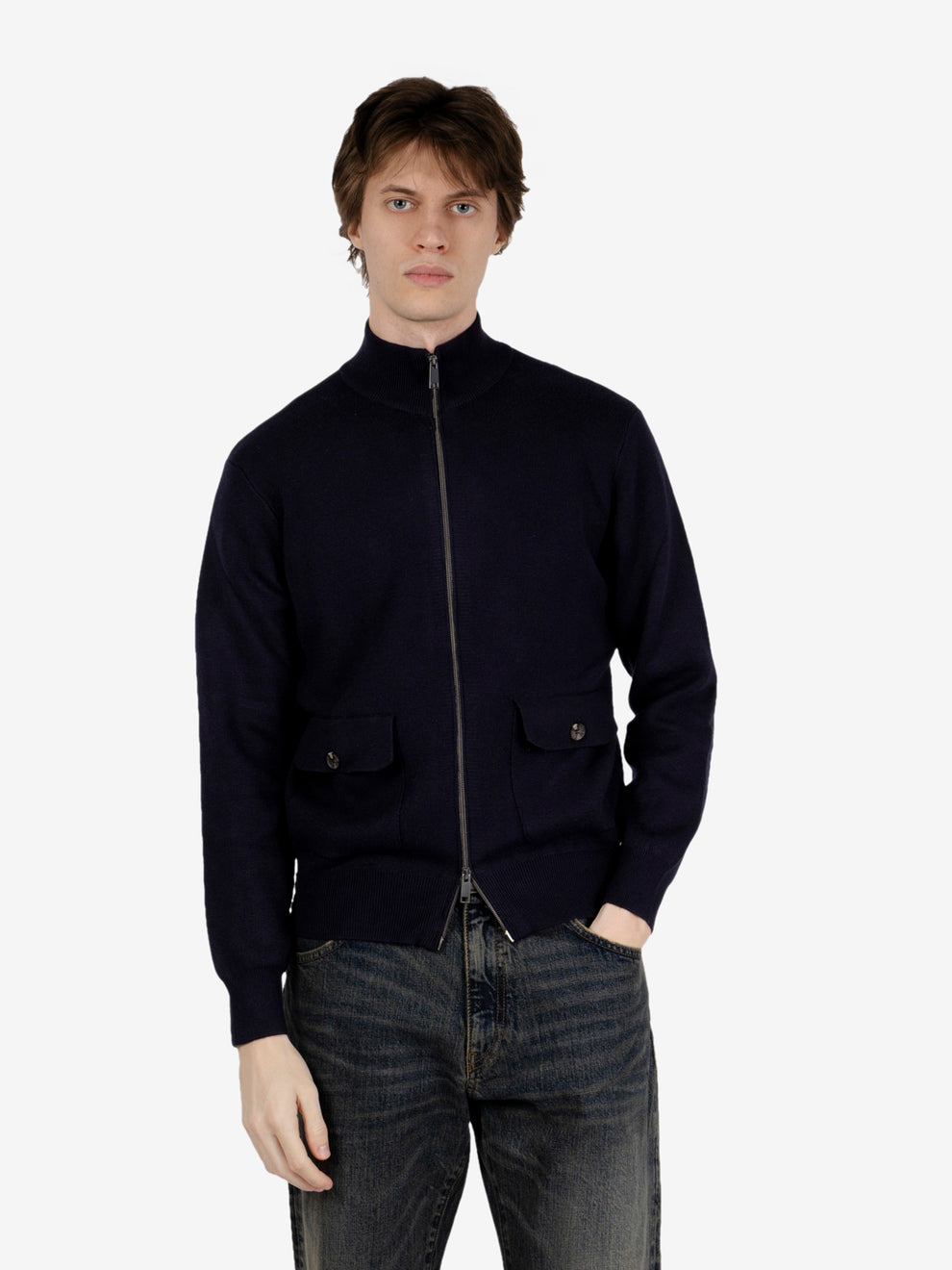 Navy wool zip-up cardigan