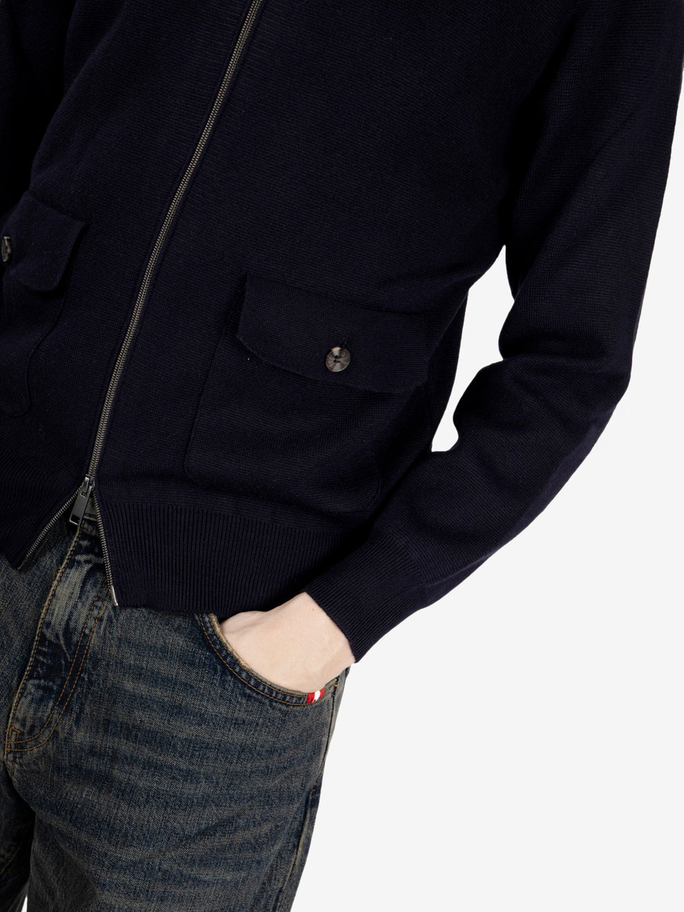 Navy wool zip-up cardigan