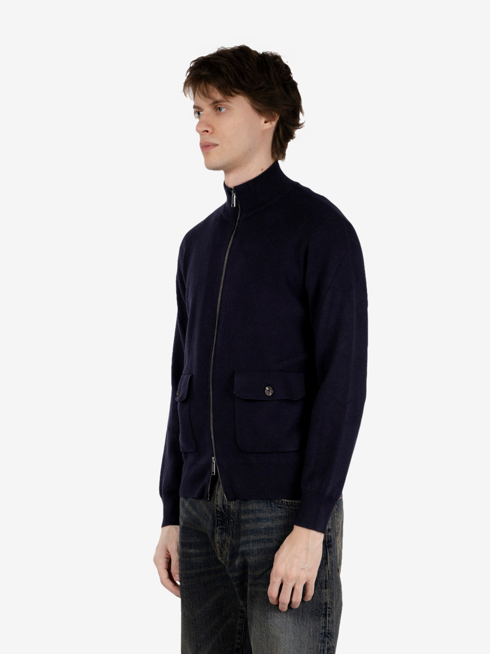 Navy wool zip-up cardigan