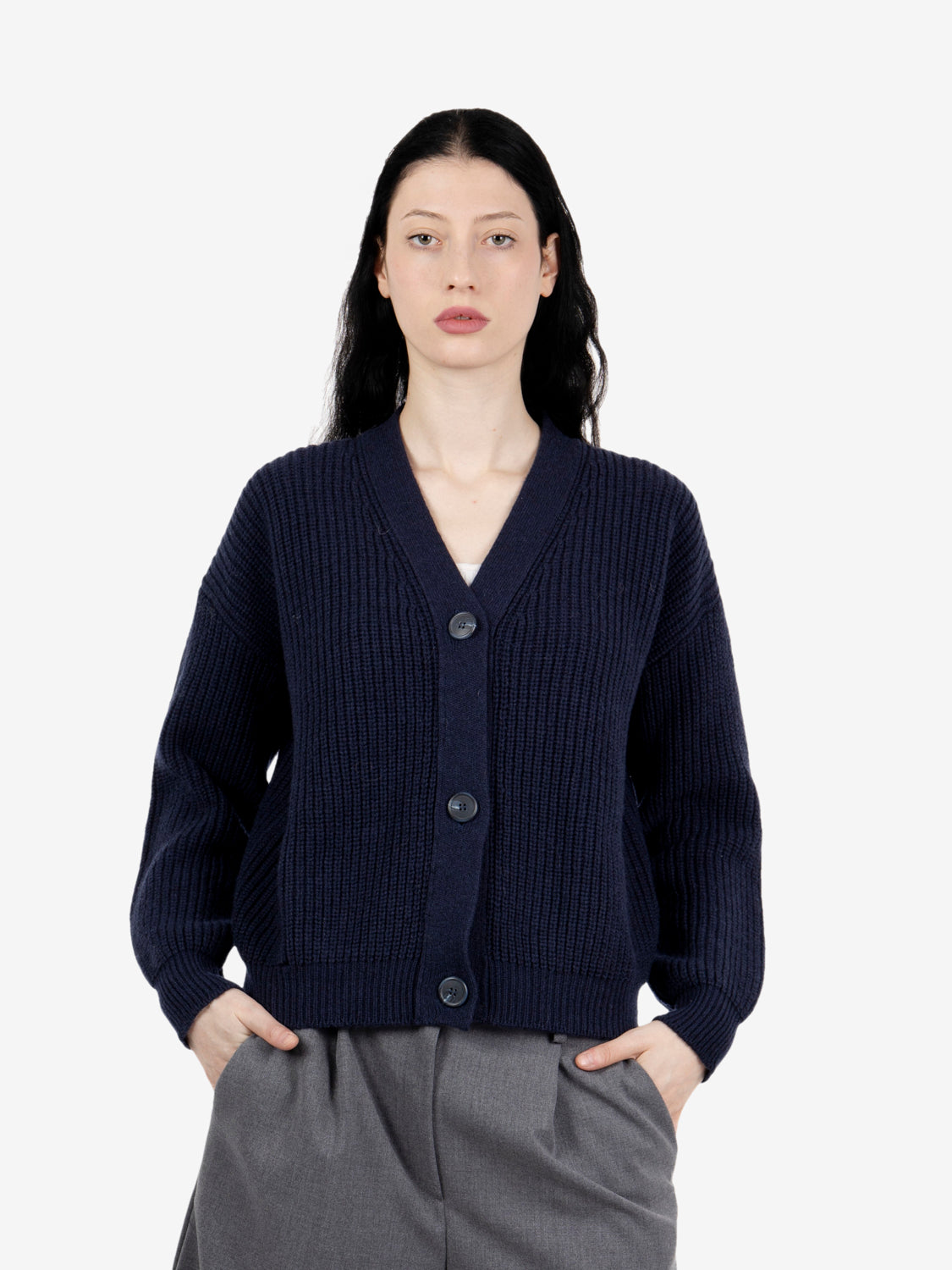 Cardigan crop a coste blu