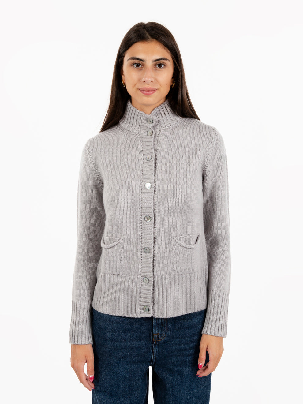Pearl grey high neck wool cardigan