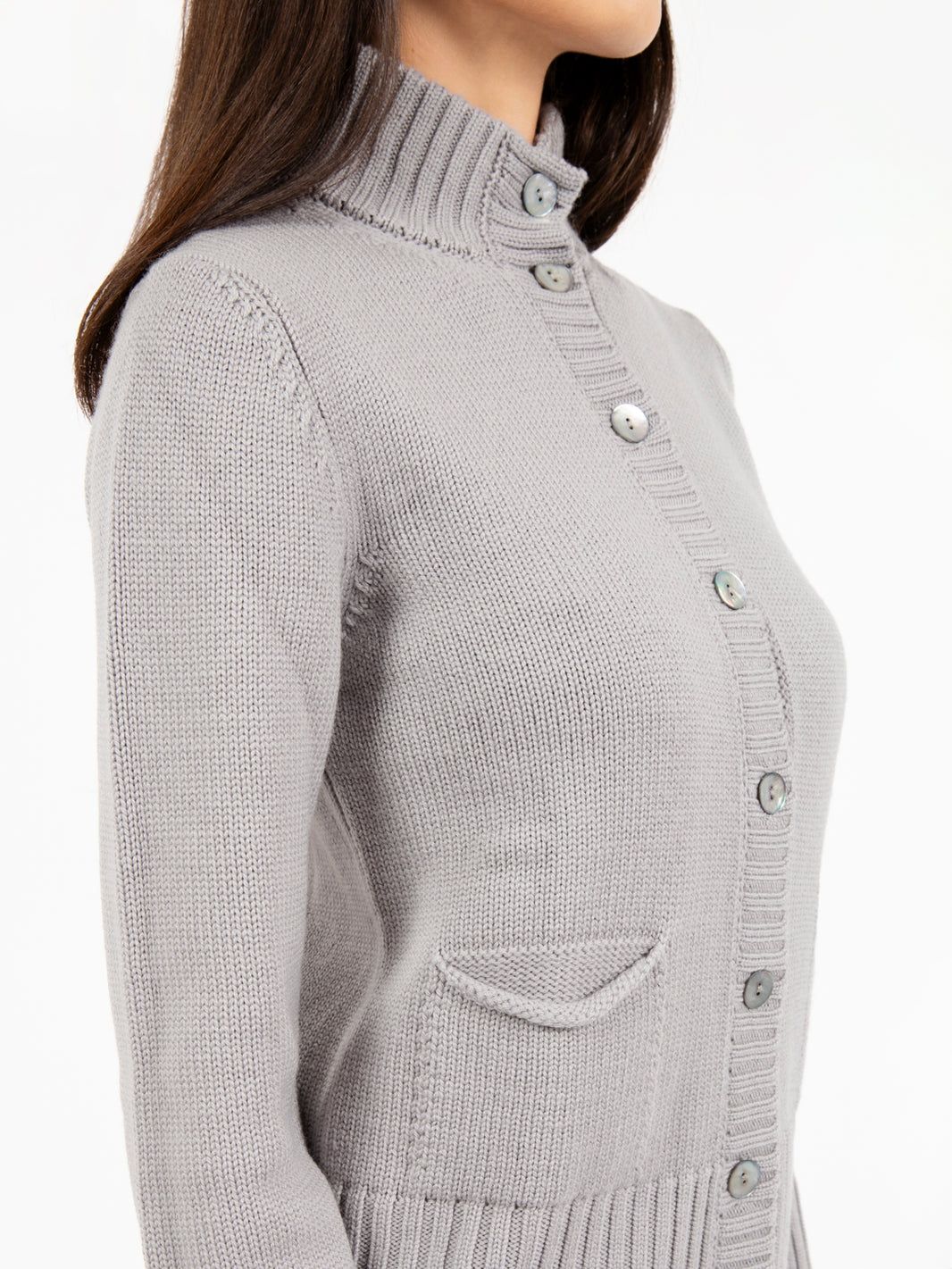 Pearl grey high neck wool cardigan