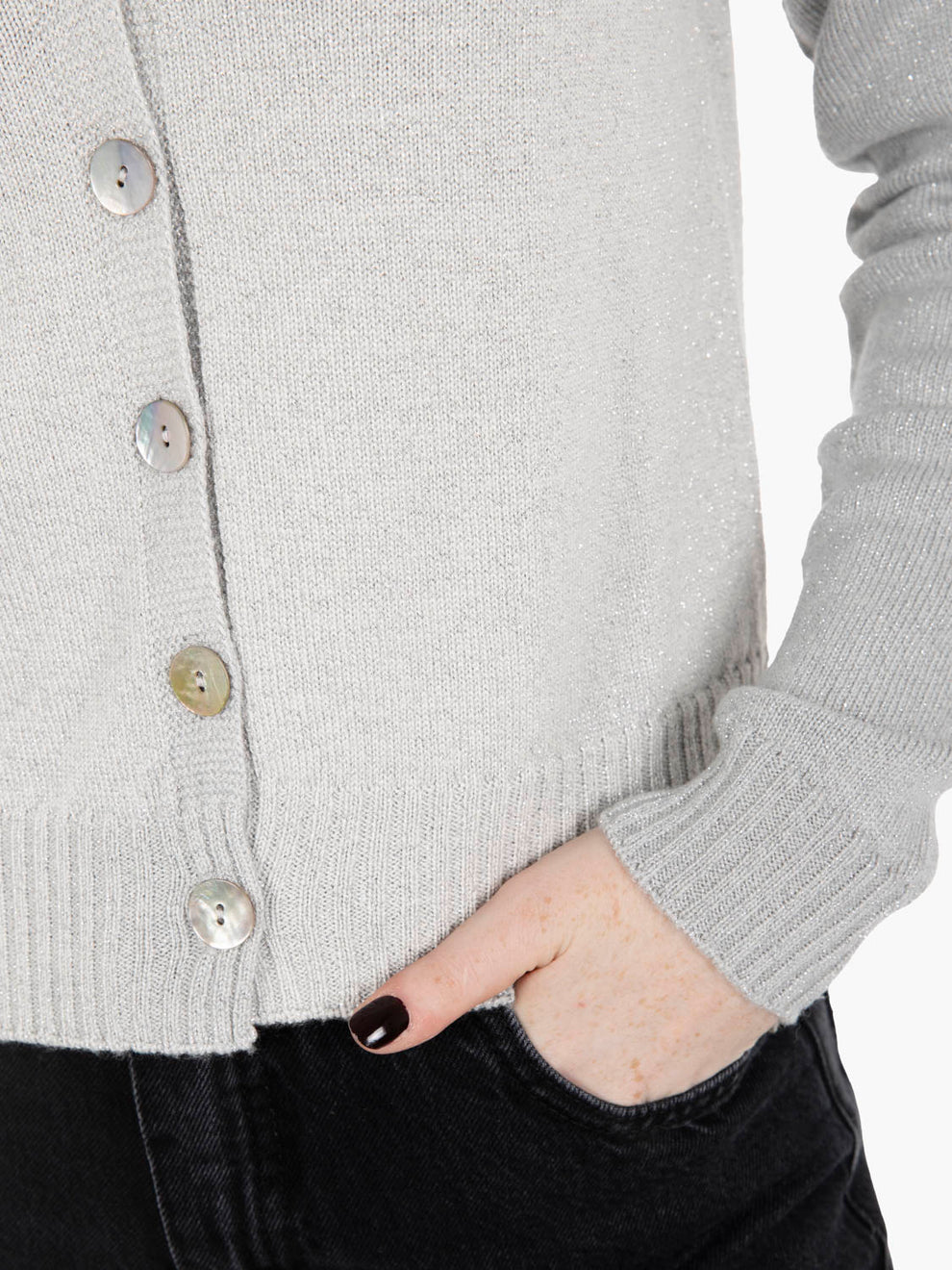 Cardigan in lurex scollo a V ghiaccio