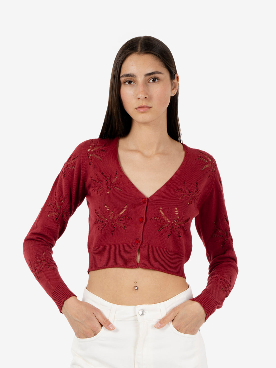 Red openwork cardigan